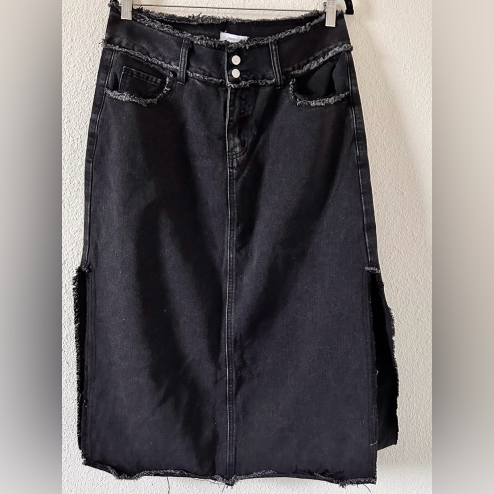 Faded Black Denim Midi Skirt Western Boho